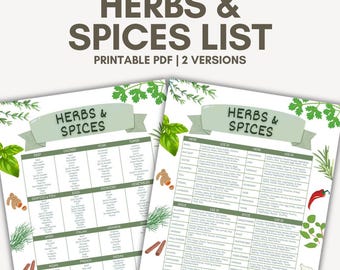 Herbs and Spices Chart Printable, Herbs and Spices for Cooking, List of Herbs and Spices Kitchen Guide, Seasoning Guide, Food Spices List