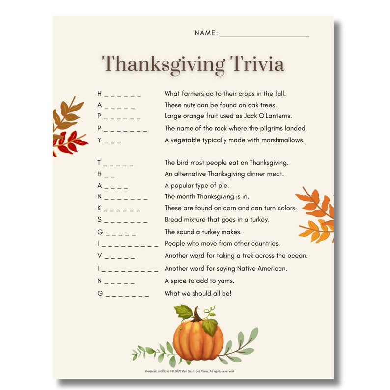 Thanksgiving Trivia Printable PDF, Thanksgiving Teacher Printable ...
