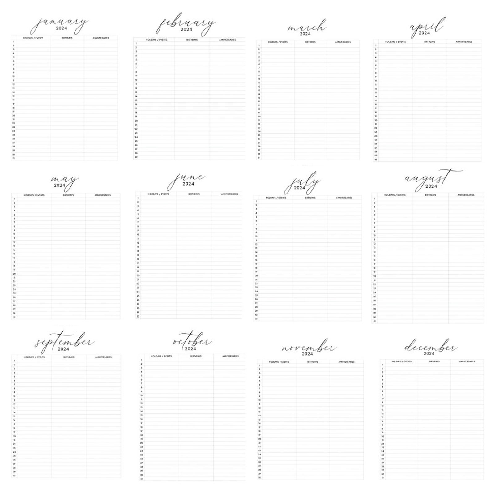 Perpetual Calendar 2024 Digital Download, Printable 2024 Calendar