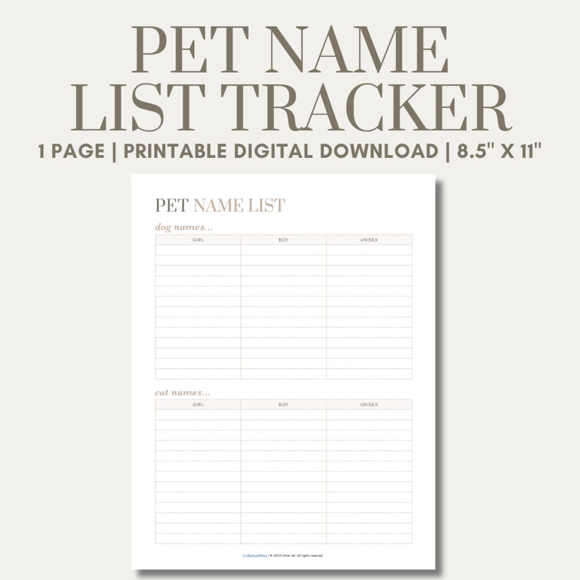 Pet Name Tracker Pet Name List Printable Dog Name List Cat Name List