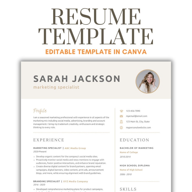 Resume Template with Headshot in Canva CV Minimal Modern Clean Girl Simple Compact One Page
