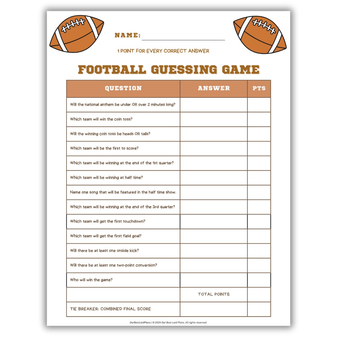 Football Guessing Game Printable PDF, Football Party Games, Football