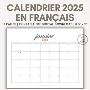 Calendario 2025 en francés (PDF imprimible) Calendario francés 2025 Descarga digital mensual Calendrier en Français Calendario de pared 2025 en francés