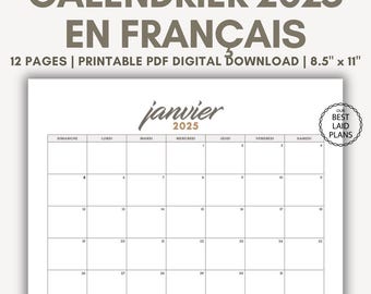 2025 Calendar in French Printable PDF French Calendar 2025 Monthly Digital Download Calendrier en Français 2025 Wall Calendar in French