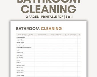 Puede incluir: Una lista de verificación de limpieza de baño imprimible en PDF. El documento incluye una lista de tareas de limpieza con columnas para la limpieza diaria, semanal y mensual. El título "Limpieza de baño" está en la parte superior.