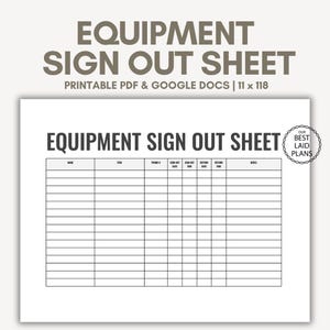 Puede incluir: Una hoja de registro de equipos imprimible en blanco con texto negro. El título "EQUIPMENT SIGN OUT SHEET" está en la parte superior, con campos para nombre, artículo, número de teléfono, fecha y hora de salida, fecha y hora de devolución y notas. La hoja mide 28 x 300 cm.