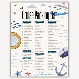 Może przedstawiać: Lista pakowania na rejs na białym tle z ilustracjami marynistycznymi. Lista podzielona jest na kategorie takie jak bagaż podręczny, odzież, kosmetyki i akcesoria. Zawiera przedmioty takie jak paszport, krem ​​do opalania i buty.