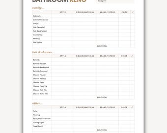 Bathroom Renovation Planner Printable PDF Google Sheets Editable Bathroom Remodel Digital Bathroom Design Planner Bath Renovate Planner