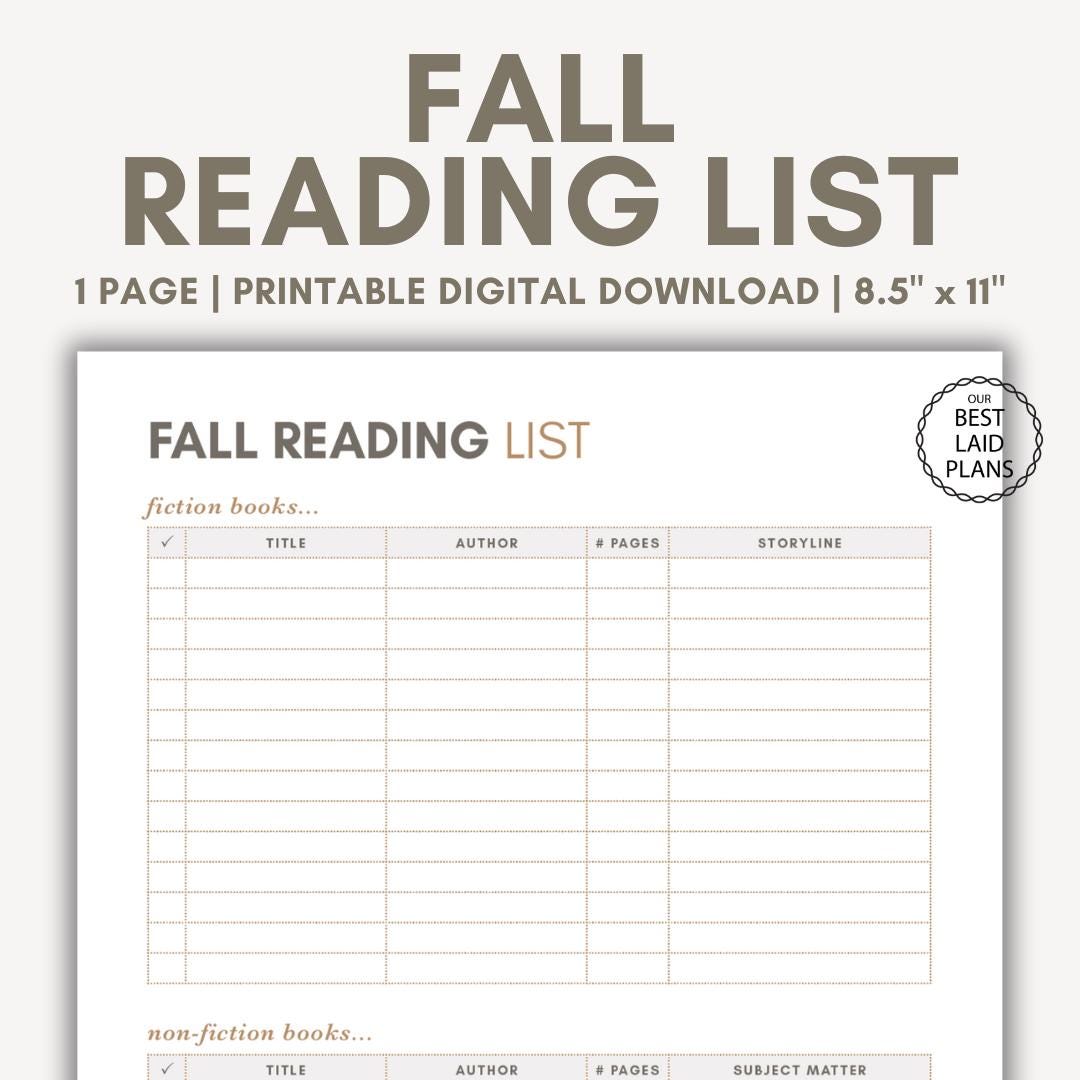 Fall Reading List Printable Planner Page Fall Reading List Template ...