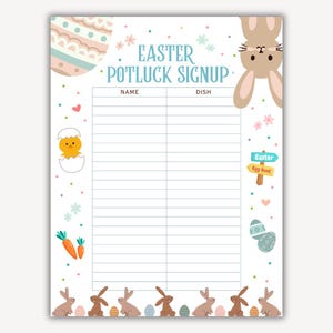 Easter Potluck Sign Up Sheet Printable, Easter Dinner Sign Up Sheet, Easter Potluck Signup Sheet PDF, Cute Easter Hosting Potluck Sign Up