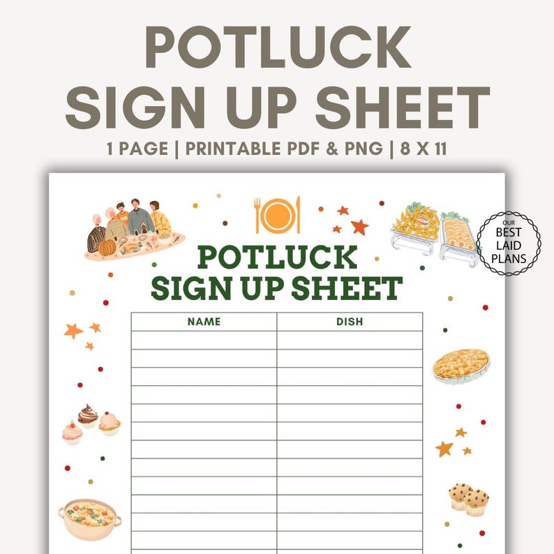 Church Potluck Sign up Sheet Printable PDF Sign up Sheet for Potluck ...