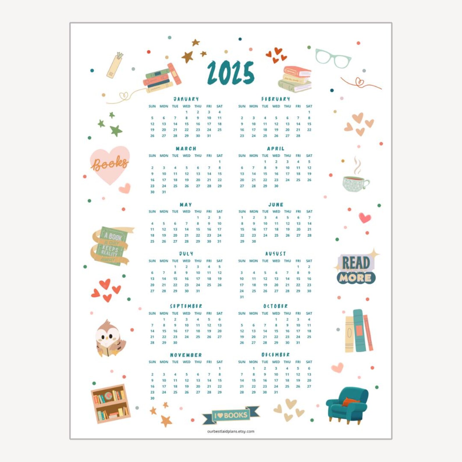 2025 at a Glance Calendar Printable Cute 2025 Calendars Book Lover