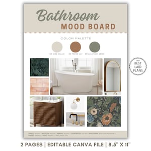 Plantilla de mood board para baño (Canva), mood board de diseño de interiores editable para baño, mood board de diseño de interiores para remodelación de baño (Canva)