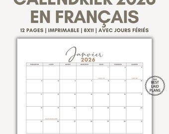 French Calendar 2026 Monthly Digital Download, 2026 Calendar in French Printable PDF, Calendrier en Français, 2026 Wall Calendar in French