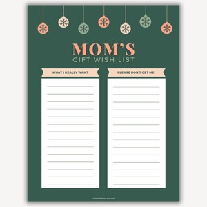 Mütter Geschenke Wunschliste druckbare Mütter Weihnachtswunschliste Vorlage Weihnachtswunschliste druckbare digitale Downloads Geschenke für Mutter