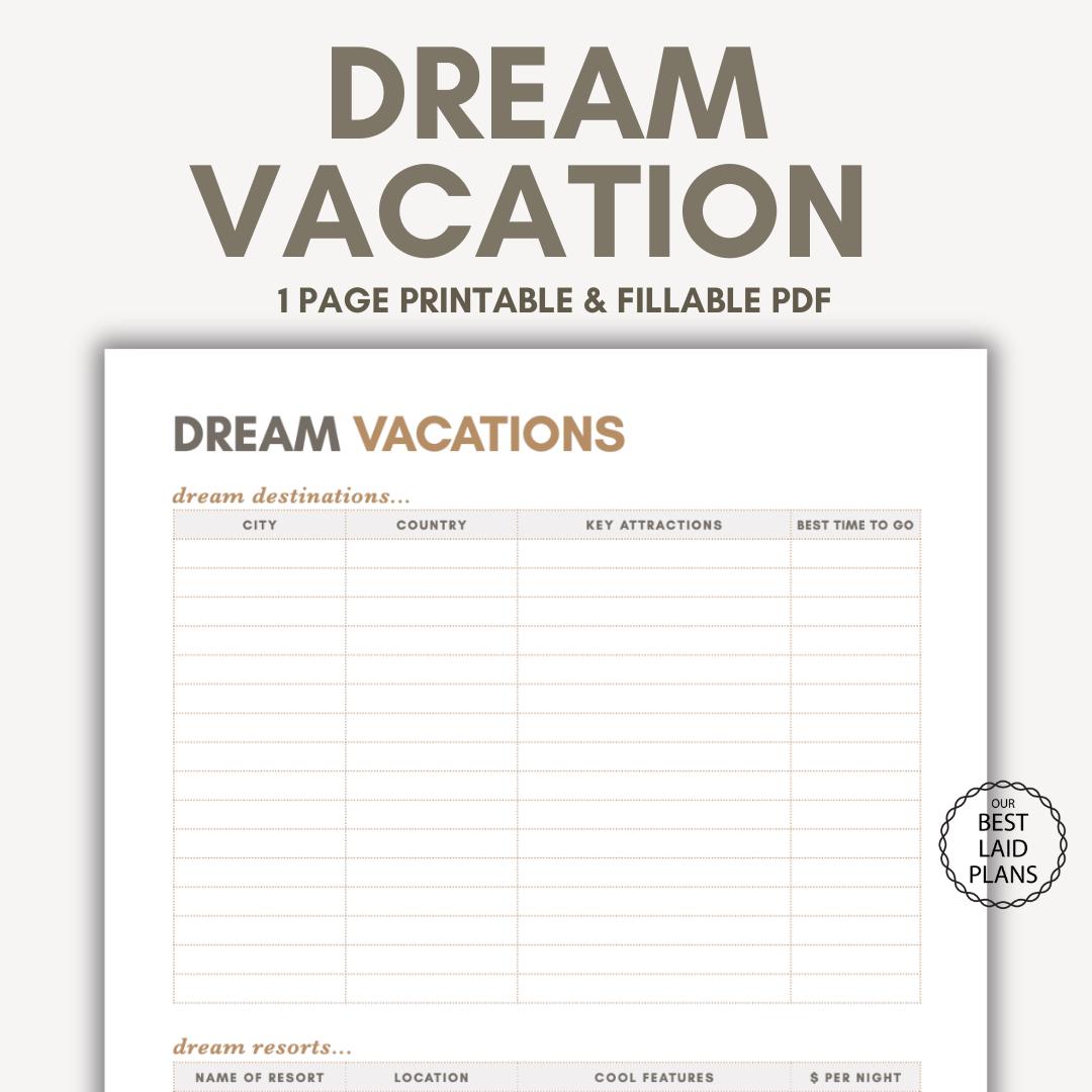 Dream Vacation Planner Printable Dream Trip Planner Vacation Digital ...