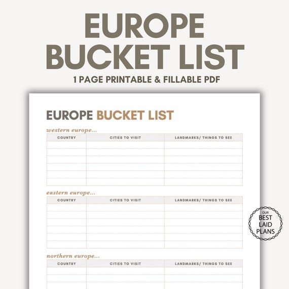 Europe Bucket List Printable Europe Travel Europe Vacation Planner European Vacation Digital Planner 2026 Minimalist Euro Trip Plan List