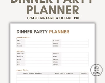 Dinner Party Planner Sheet Printable PDF Dinner Party Menu Planning Dinner Party Plan Dinner Party Template Dinner Party Simple Planner