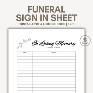 May include: A white funeral sign-in sheet with the text "FUNERAL SIGN IN SHEET" in grey. The sheet includes the words "In Loving Memory" and prompts for names and messages. The sheet is 20.3 x 27.9 cm.