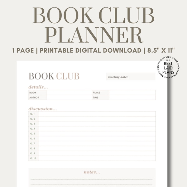 Book Club Meeting Planner One Page Planning Page Printable PDF Book Club Planner Printable Planners for Women Planner Reading Tracker