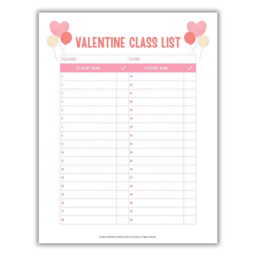 Valentines Class List Printable PDF Valentines Card List Valentines Classroom List Valentines
