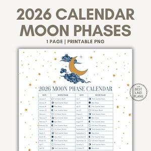 Calendario de fases lunares 2026 para imprimir, Calendario del ciclo lunar 2026, Calendario de fases lunares 2026, Calendario de luna llena 2026