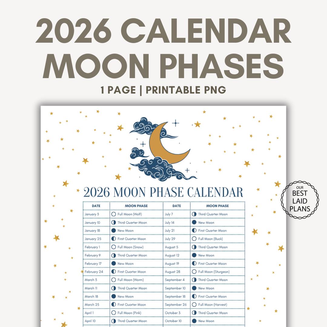 2026TYPE-MOONカレンダー 2026年 印刷可能な月齢カレンダー、2026年 月齢周期カレンダー、2026年