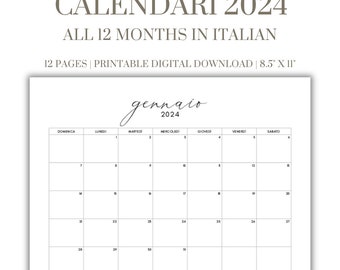 2024 Calendar in Italian, 2024 Calendari Printable PDF, Monthly Italian Calendar for 2024 Digital Download