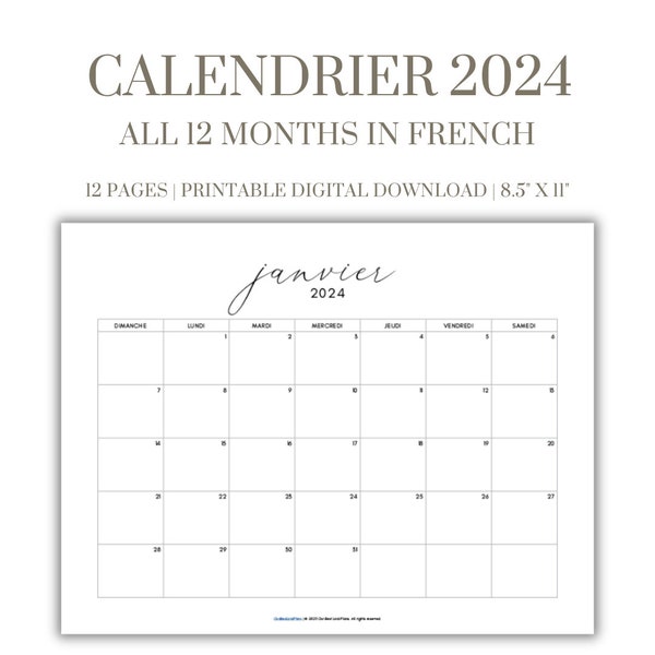 2024 Calendar in French Printable PDF French Calendar 2024 Monthly Digital Download Calendrier en Français