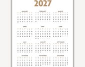 2027 Calendar Printable Year at a Glance PDF, 2027 Calendar Printable Portrait, 2027 One Page Calendar, 2027 Calendar Printable Download PDF