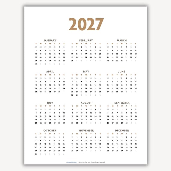 2027 Calendar Printable Year at a Glance PDF, 2027 Calendar Printable Portrait, 2027 One Page Calendar, 2027 Calendar Printable Download PDF