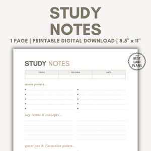 Study Notes Printable Note Taking Template PDF Digital Download Study Notes Template Note Taker