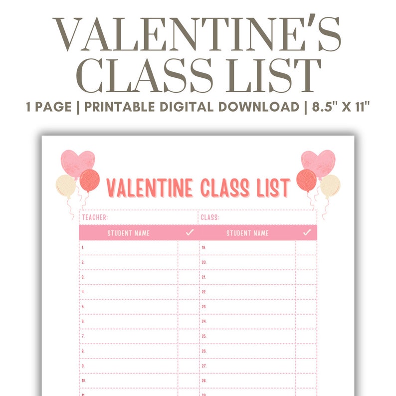 Valentines Class List Printable PDF Valentines Card List Valentines Classroom List