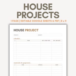 Planificador de proyectos de casas (PDF imprimible, Hojas de cálculo de Google editable), Planificador de reformas del hogar, Tareas pendientes, Proyectos de bricolaje, Planificador de reparaciones del hogar