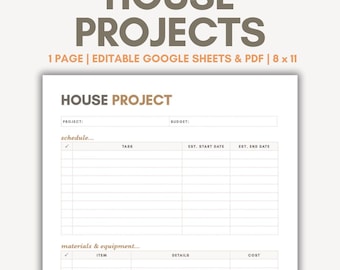 House Project Planner Printable PDF Google Sheets Editable Home Project Home Renovation Planner Jobs To Do DIY Project Home Repair Planner