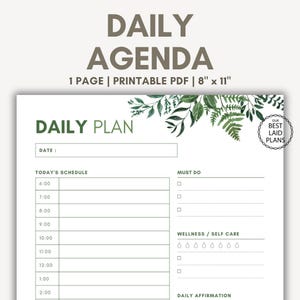 Puede incluir: Planificador diario imprimible con un diseño floral verde. El planificador incluye secciones para "Debe hacer", "Bienestar/Cuidado personal" y "Afirmación diaria".