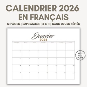 2026 Calendar in French Printable PDF, French Calendar 2026 Monthly Digital Download, Calendrier 2026 en Français, 2026 Wall Calendar French