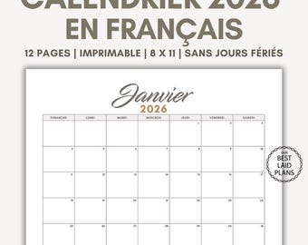 Calendrier 2026 en français PDF imprimable, calendrier français 2026 en téléchargement numérique mensuel, calendrier 2026 en français, calendrier mural 2026 français