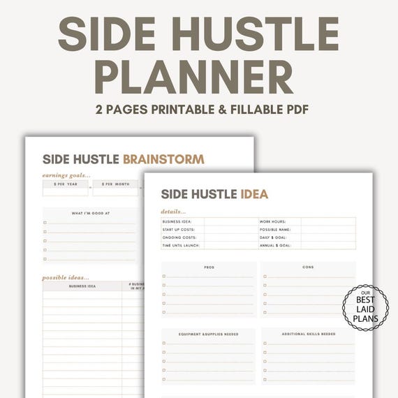 Side Hustle Planner Printable PDF Side Hustle Jobs Ideas Side Hustle Plan Template Side Hustle Business Planning Template Simple