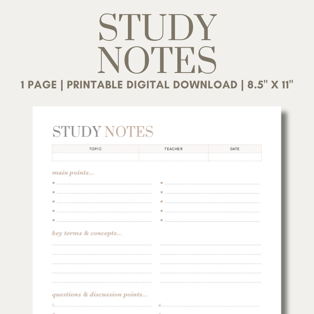 Study Notes Printable Note Taking Study Notes Template Student Notes ...