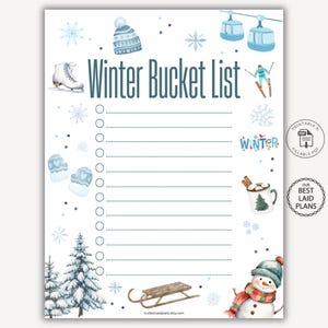 May include: A printable Winter Bucket List checklist featuring blue text and watercolor illustrations of a beanie, ice skate, ski lift, skier, mittens, hot cocoa, pine trees, a wooden sled, and a snowman, with circular checkboxes and lines.