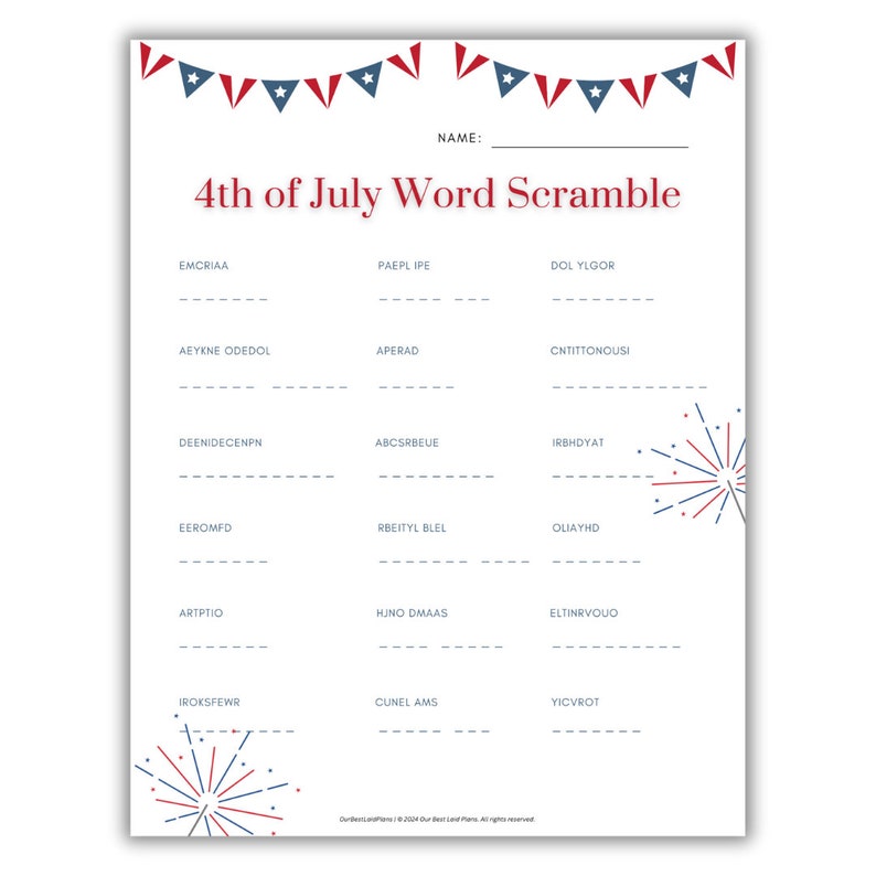 4th of july word unscramble