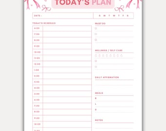 Pretty Pink Coquette Bow Planner PDF, Coquette Bow Daily Planner Printable, Daily Schedule with Bows, Daily Agenda with Coquette Bows