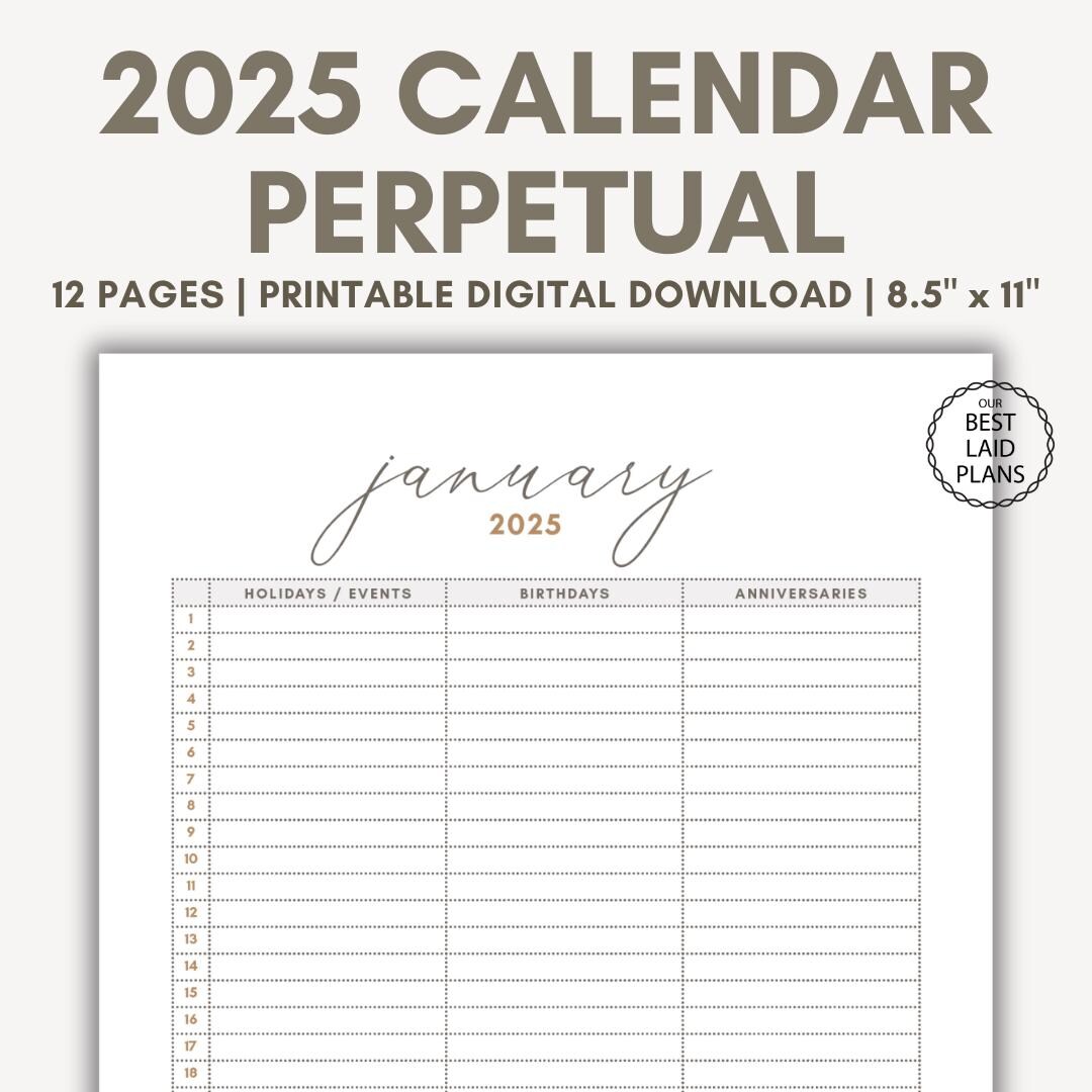 Perpetual Calendar 2025 Digital Download, Printable 2025 Calendar Portrait Perpetual, Monthly 2025 Event Calendar Bundle Printable Reusable - Etsy