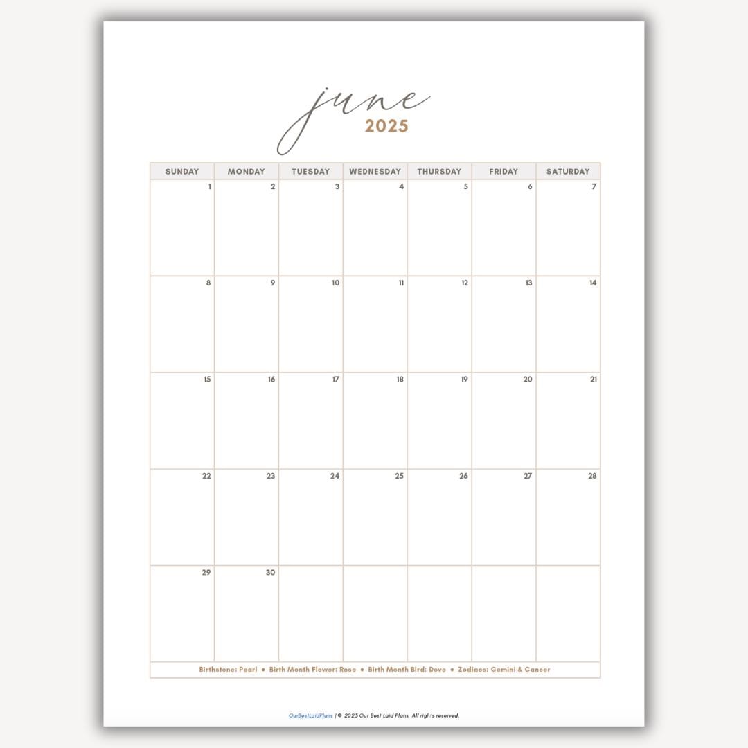 June 2025 Calendar Printable Download June 2025 Printable PDF June Calendar 2025 Portrait Blank