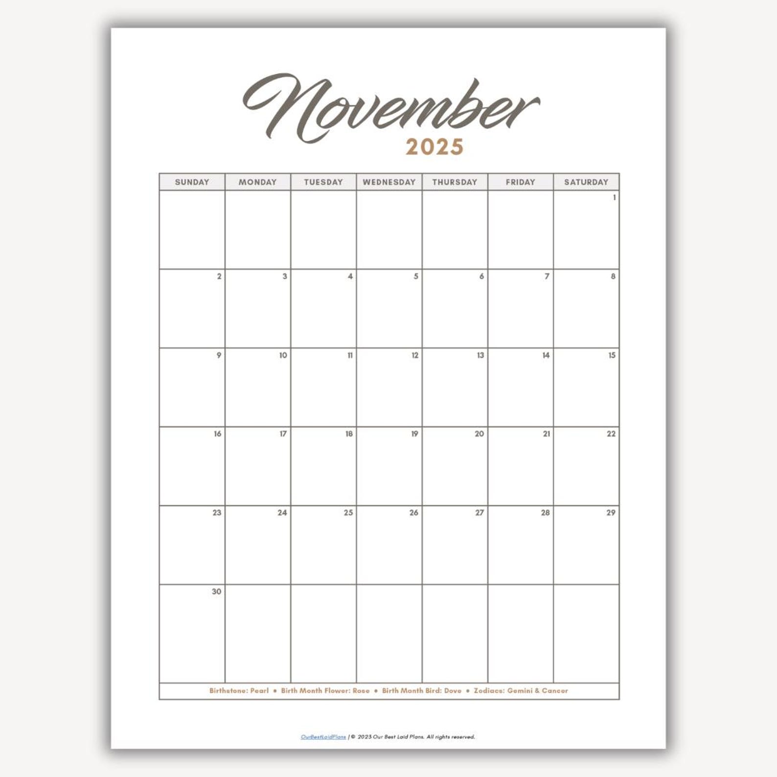November 2025 Calendar Printable Download November 2025 Printable PDF ...