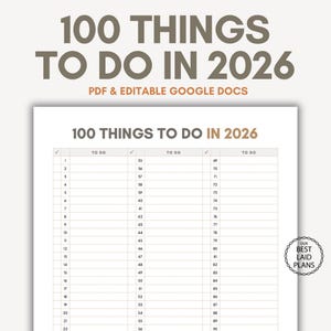 100 Things to Do in 2026, Bucket List 2026, Planner for 2026, Goals for 2026, New Year Goals List Tracker Printable PDF Editable Download
