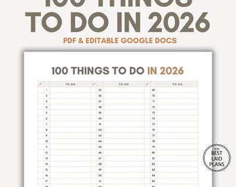 100 Things to Do in 2026, Bucket List 2026, Planner for 2026, Goals for 2026, New Year Goals List Tracker Printable PDF Digital Download