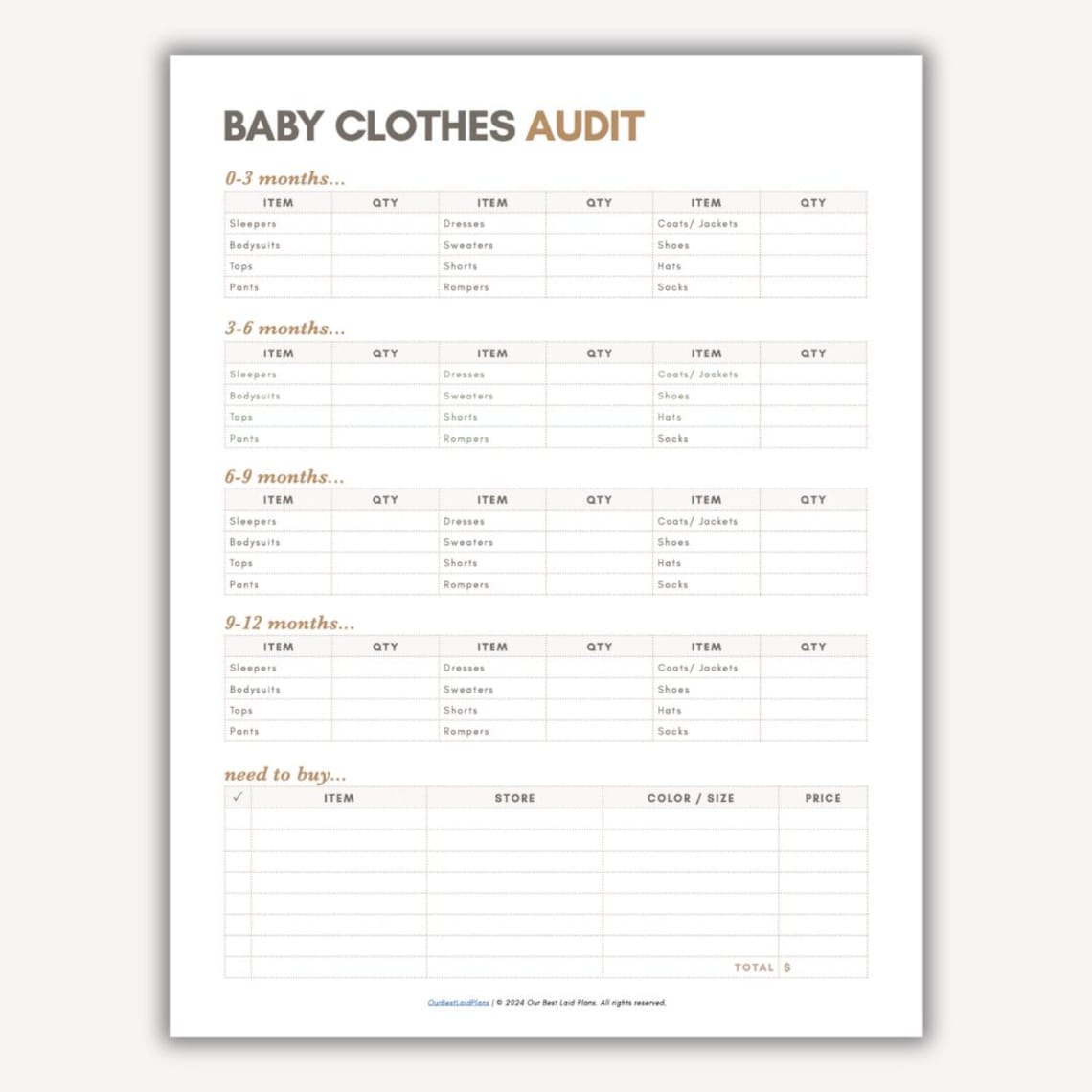 Baby Clothes Audit Printable Editable Google Docs Baby Planner Baby ...