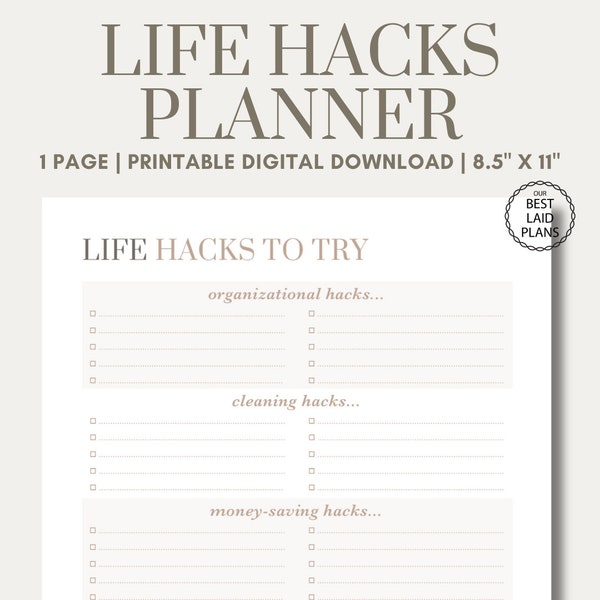 Life Hacks To Try Planner Printable PDF, Organizational Checklists Printable Template Digital Planner PDF, Minimalist Planners for Women